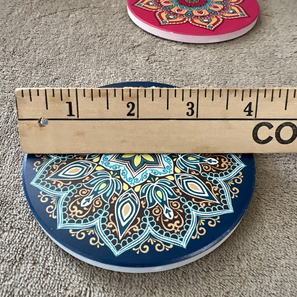 Ceramic Mandala Drink‎ Coaster Set Of 6 Boho Colorful Cork Backing 4" - Picture 2 of 8